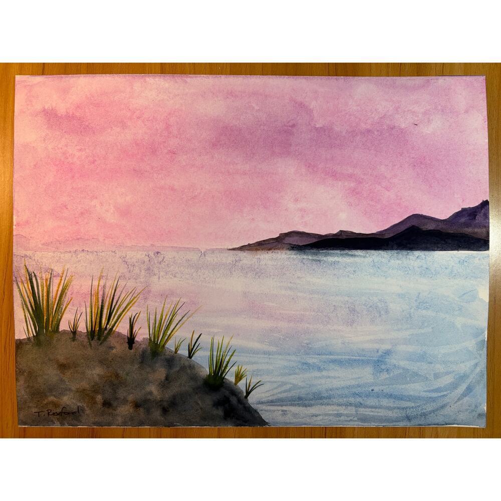 Hand painted watercolor original painting purple blue ocean scene